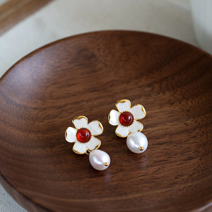Minimalist Pearl & Red Agate Flower Earrings