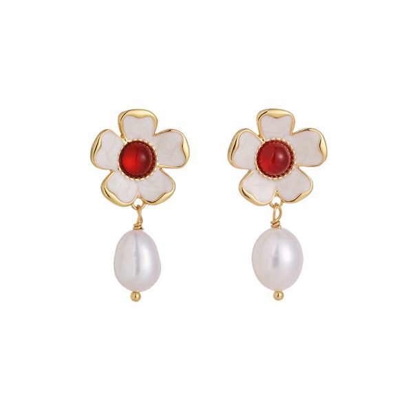 Minimalist Pearl & Red Agate Flower Earrings - Image 6
